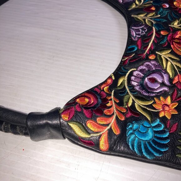 ISABELLA FIORE Embroidered Black Genuine  Leather Rachel Hobo Bag 15"w - Picture 4 of 15